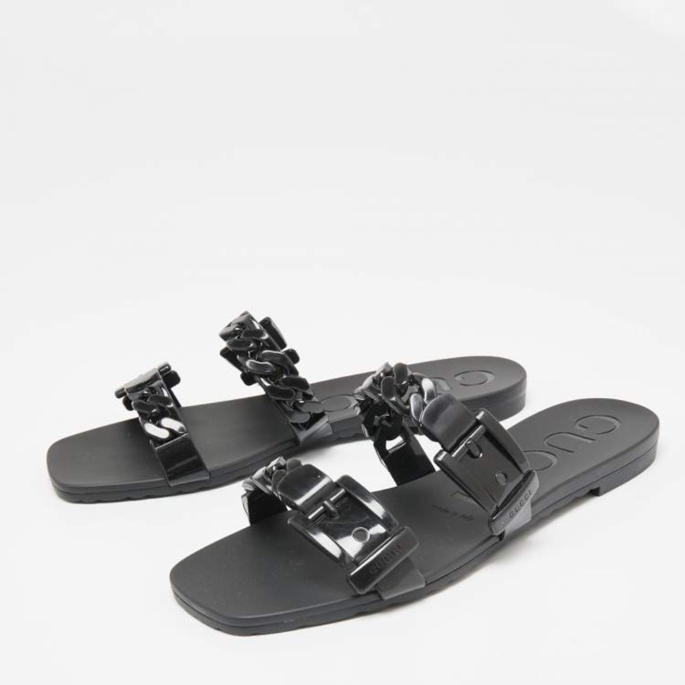Gucci Teena Black Rubber Chain Slide Sandals Size EU 40/US 10 Designer ~ Luxury!